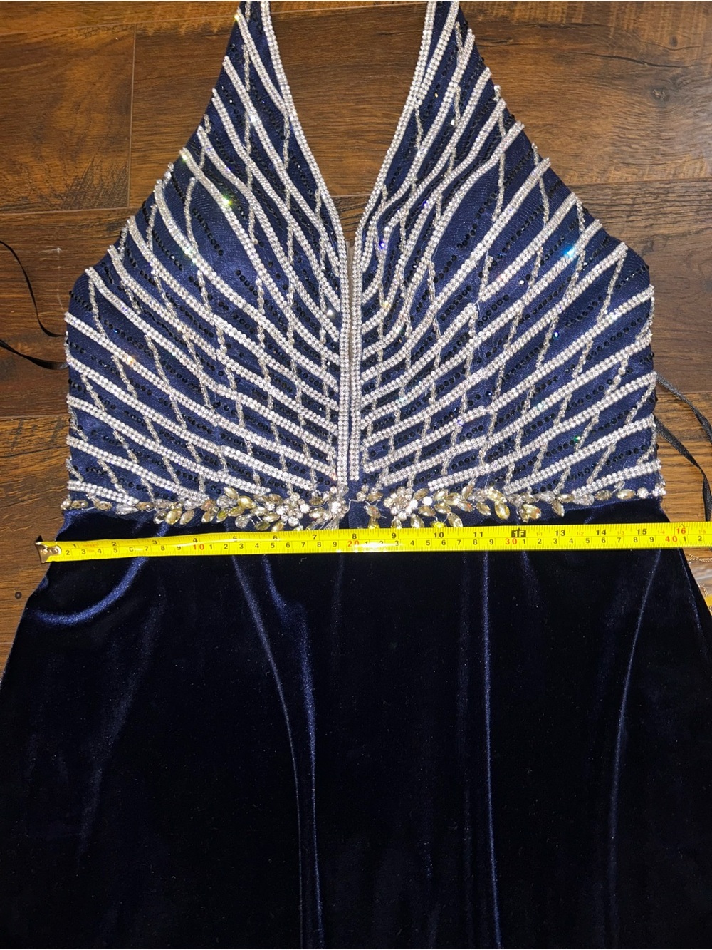 Amelia Couture Navy Velvet Halter Formal Dress with Beaded Bodice - Picture 11 of 16